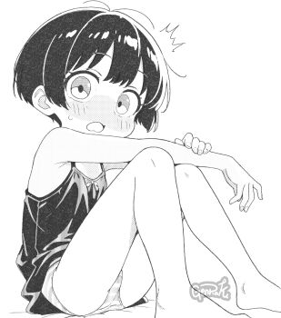 1girl artist_name bare_legs barefoot blush camisole commentary_request embarrassed full-face_blush genroku greyscale halftone hand_on_own_arm highres monochrome no_pants open_mouth original panties short_hair simple_background sitting solo striped_clothes striped_panties sweatdrop underwear watermark white_background