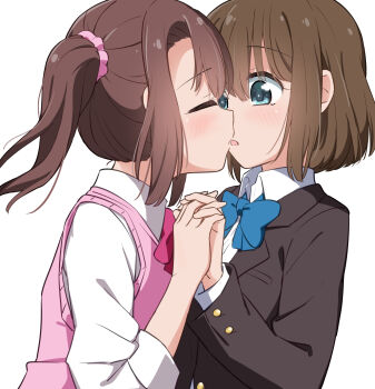 Rule 34 | 2girls, aqua eyes, black jacket, blazer, blue bow, blue bowtie, bob cut, bow, bowtie, brown hair, closed eyes, collared shirt, commentary request, extreme hearts, from side, hair ornament, hair scrunchie, hayama hiyori, highres, holding hands, imminent kiss, interlocked fingers, jacket, kodaka saki, layered sleeves, long sleeves, miruzawa akechi, multiple girls, open clothes, open jacket, pink bow, pink bowtie, pink scrunchie, pink sweater vest, school uniform, scrunchie, shirt, short hair, side ponytail, simple background, sweater vest, upper body, variant set, white background, white shirt, wing collar, yuri