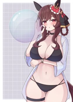 1girl arm_under_breasts bikini black_bikini black_choker blowing_bubbles blush braid braided_hair_rings breasts brown_hair bubble choker cleavage commentary_request commission ear_covers ear_ornament gentildonna_(umamusume) gluteal_fold hair_rings heart_ear_ornament highres horse_girl large_breasts long_hair looking_at_viewer navel nepty_(silkey_vod) ok_sign open_clothes open_mouth open_shirt pixiv_commission shirt sidelocks solo stomach swimsuit thigh_strap thighs three-quarter_sleeves umamusume white_shirt