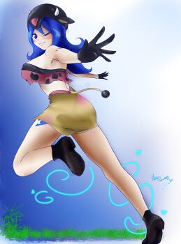 absurdres ass blue_eyes blue_hair blush boots breasts cosplay fairy_tail flatpancakesjim gen_2_pokemon hat heart highres juvia_lockser large_breasts leg_up long_hair looking_at_viewer miltank miltank_(cosplay) nintendo one_eye_closed outstretched_arms pokemon pokemon_(creature) self-upload shoes skirt smile spread_arms tail tattoo thighs wink