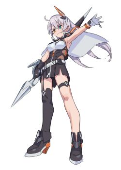 1girl absurdres ahoge armpits bad_id bad_pixiv_id black_gloves blue_eyes boots breasts full_body gloves heterochromia highres holding holding_polearm holding_weapon honkai_(series) honkai_impact_3rd kiana_kaslana kiana_kaslana_(void_drifter) long_hair matsushita_yuubin orange_eyes polearm simple_background single_thighhigh solo thighhighs weapon white_background white_hair