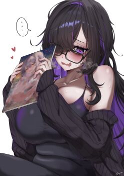 1girl @_@ bags_under_eyes bare_shoulders black-framed_eyewear black_cardigan black_dress black_hair blush book breasts cardigan cardigan_partially_removed censored cleavage collarbone colored_inner_hair commentary_request dress drooling glasses goddess_of_victory:_nikke hair_over_one_eye heart highres holding holding_book jimiko label_(nikke) large_breasts long_hair looking_at_viewer mouth_drool multicolored_hair open_mouth pornography purple_eyes purple_hair shupita simple_background skull smile solo speech_bubble sweat very_long_hair white_background