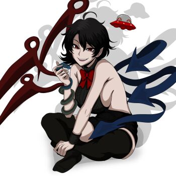 1girl absurdres alternate_costume animal aran_sweater arm_on_own_leg arm_up black_hair black_sweater black_thighhighs blue_wings bow bowtie bracelet breasts cable_knit commentary full_body highres holding holding_animal holding_snake houjuu_nue huge_breasts indian_style jewelry kinoshii-shroom looking_at_viewer mushroom pointy_ears red_bow red_bowtie red_eyes red_wings shadow sharp_teeth short_hair sideboob sitting sleeveless sleeveless_sweater smile snake solo sweater symbol-only_commentary teeth thighhighs touhou turtleneck turtleneck_sweater ufo virgin_killer_sweater wings