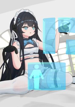 1girl absurdres alternate_costume aqua_eyes azur_lane belt black_gloves black_hair breasts clarence_k._bronson_(azur_lane) clarence_k._bronson_(special_functional_testing)_(azur_lane) commentary_request enmaided gloves hands_up highres indoors maid maid_headdress midriff navel official_alternate_costume panties panty_peek sitting small_breasts solo stomach super_mizow thigh_belt thigh_strap thighhighs underwear wariza white_panties white_thighhighs