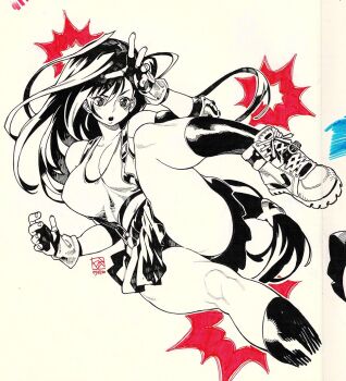 Rule 34 | 1girl, artist logo, bare shoulders, breasts, cleavage, collarbone, commentary, cropped legs, dated, elbow pads, english commentary, explosion, final fantasy, final fantasy vii, final fantasy vii remake, fingerless gloves, gloves, hair between eyes, hair ornament, hands up, large breasts, light blush, logo, long hair, looking to the side, marker (medium), midriff peek, monochrome, navel, open mouth, pen (medium), photo (medium), pleated skirt, poch4n, skirt, solo, spot color, tank top, teeth, thick thighs, thighs, tifa lockhart, traditional media, upper teeth only, very long hair, x hair ornament