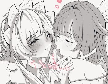 2girls after_kiss blush closed_eyes columbina_(genshin_impact) genshin_impact greyscale heart highres long_hair maid_headdress mask monochrome multiple_girls one_eye_closed pomenooekaki saliva saliva_trail sandrone_(genshin_impact) spot_color tongue tongue_out translation_request yuri