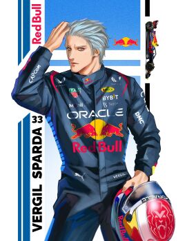 1boy absurdres blue_background blue_bodysuit blue_helmet bodysuit character_name cowboy_shot devil_may_cry_(series) english_text formula_one grey_hair hair_slicked_back helmet henoopd highres male_focus print_bodysuit red_bull short_hair simple_background solo vergil_(devil_may_cry)