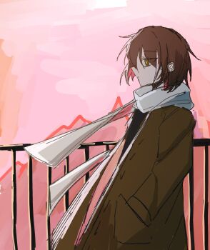 1girl asya_shubina brown_coat brown_eyes brown_hair closed_mouth coat expressionless from_side hands_in_pockets hashtag-only_commentary highres looking_afar scarf short_hair sjk114514 solo white_scarf z.a.t.o._//_i_love_the_world_and_everything_in_it