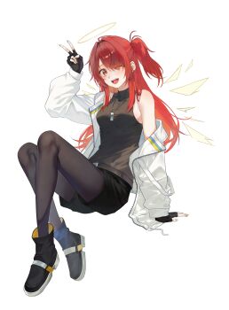 1girl absurdres alternate_costume arknights arm_support black_boots black_gloves black_pantyhose black_shirt black_shorts boots detached_wings energy_wings exusiai_(arknights) exusiai_the_new_covenant_(arknights) fingerless_gloves full_body gloves hair_over_one_eye halo hand_up highres invisible_chair jacket long_sleeves looking_at_viewer one_side_up open_clothes open_jacket open_mouth pantyhose shirt shorts simple_background single_bare_shoulder single_off_shoulder sitting sleeveless sleeveless_shirt smile solo teeth turtleneck upper_teeth_only v white_background white_jacket wings zapik
