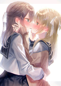 2girls absurdres black_sailor_collar black_skirt blush brown_cardigan brown_eyes brown_hair cardigan commentary_request food grey_eyes hair_ribbon half_updo hand_on_another&#039;s_waist highres long_hair multiple_girls original pocky pocky_day pocky_kiss ribbon sailor_collar school_uniform serafuku shared_food shirt simple_background skirt touki_matsuri watermark white_background white_ribbon white_shirt yuri