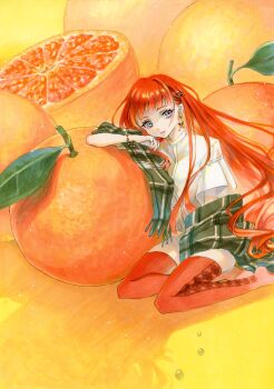 1girl absurdres closed_mouth colorful commentary dai_dai_da earrings english_commentary food fruit full_body green_shawl grey_eyes hand_up highres jewelry long_hair looking_at_viewer marker_(medium) no_shoes orange_(fruit) orange_theme original plaid_clothes plaid_shawl red_hair red_thighhighs shawl shirt sitting solo thighhighs three-quarter_sleeves traditional_media white_shirt wispy_bangs yokozuwari