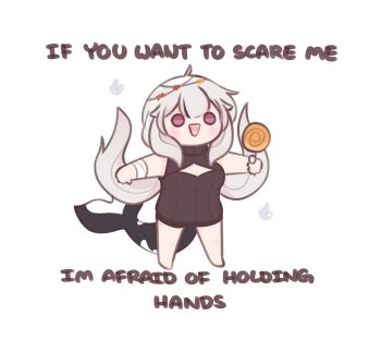 1girl :d artist_self-insert bandaged_arm bandages bare_arms bare_shoulders barefoot black_hair black_shorts black_sweater blush_stickers breasts candy chibi chonkyorca cleavage cleavage_cutout clothing_cutout commentary english_text fins fish_tail floating_hair food full_body grey_hair hair_between_eyes highres hitodama holding holding_candy holding_food holding_lollipop lollipop long_hair medium_breasts multicolored_hair o_o open_mouth orca_(chonkyorca) original outstretched_arms purple_eyes ribbed_sweater shark_tail shorts simple_background sleeveless sleeveless_sweater sleeveless_turtleneck smile solo spread_arms standing streaked_hair sweater swirl_lollipop symbol-only_commentary tail turtleneck turtleneck_sweater very_long_hair white_background