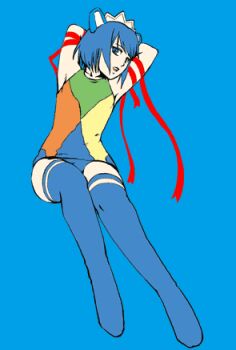 1girl 2k-tan arms_behind_head arms_up blue_background blue_eyes blue_hair blue_thighhighs flat_color full_body imuhata_shimuro lowres maid_headdress old_school_swimsuit one-piece_swimsuit open_mouth os-tan red_ribbon ribbon school_swimsuit short_hair simple_background solo swimsuit teeth thighhighs upper_teeth_only