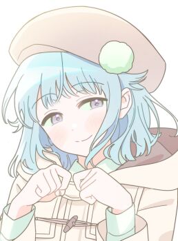 Rule 34 | 1boy, androgynous, beret, blue hair, blush, bob cut, brown coat, brown hat, casual, closed mouth, coat, collared shirt, commentary request, duffel coat, ensemble stars!, hands up, hat, head tilt, highres, hood, hood down, hooded coat, jjinddaboy, korean commentary, long sleeves, looking to the side, male focus, official alternate costume, paw pose, pom pom (clothes), portrait, purple eyes, shino hajime, shirt, short hair, smile, solo, toggles, white background, white shirt, winter clothes