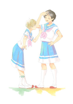 Rule 34 | 2girls, black hair, blonde hair, blue sailor collar, blue skirt, blush, brown hair, closed eyes, closed mouth, full body, hand on own hip, hand up, hibike! euphonium, highres, jojinta, katou hazuki, kawashima sapphire, kitauji high school uniform, kneehighs, leaning forward, looking at another, multiple girls, neckerchief, open mouth, pink neckerchief, pleated skirt, sailor collar, school uniform, serafuku, shirt, shoes, short hair, short sleeves, simple background, skirt, smile, socks, standing, uwabaki, white background, white footwear, white shirt, white socks