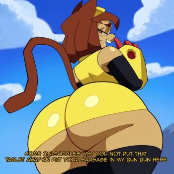 1girl adapted_costume animal_ears animated ass ass_focus black_thighhighs bouncing bouncing_ass breasts brown_hair cat_ears cat_girl cat_tail dress english_text from_behind furry furry_female gameoverse gauntlets girl_on_top gobbles_(gameoverse) goggles goggles_on_head huge_ass kit_bodega kiwist looking_at_viewer looking_back looping_animation red_eyes reverse_cowgirl_position sex sleeveless straddling subtitled tagme tail teeth thick_eyebrows thick_thighs thighhighs thighs underbutt upper_teeth_only video whiskers yellow_dress yellow_gauntlets