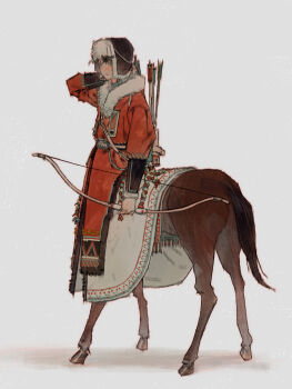 1boy arrow_(projectile) blue_eyes bow_(weapon) brown_hair centaur coat commentary_request donqmmelier full_body fur-trimmed_coat fur_trim grey_background hand_on_own_neck hat highres holding holding_bow_(weapon) holding_weapon korean_commentary looking_at_viewer male_focus monster_boy original quiver red_coat short_hair simple_background solo standing taur ushanka weapon