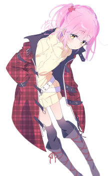 1girl alternate_costume arm_belt belt belt_buckle black_belt black_socks boots buckle closed_mouth coat collared_coat commentary_request crossed_belts dot_nose dress expressionless eyelashes fashion footwear_ribbon frown full_body grey_boots hair_between_eyes hair_ornament highres hinamori_amu knee_boots leaning_forward light_blush long_legs medium_hair multiple_belts one_side_up open_clothes open_coat over-kneehighs pink_hair plaid_clothes plaid_coat red_coat red_ribbon ribbon serizawa_serizane shugo_chara! signature simple_background socks solo standing studded_belt sweater sweater_dress thighhighs turtleneck turtleneck_dress twitter_username unmoving_pattern white_background white_belt x_hair_ornament yellow_dress yellow_eyes