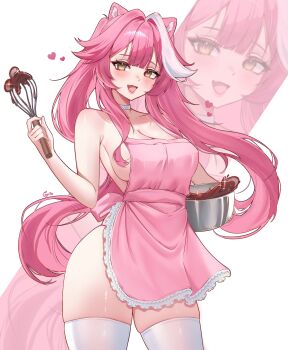 1girl absurdres animal_ears apron ayrinsama bowl breasts center-flap_bangs chocolate choker cleavage commentary double-parted_bangs english_commentary frilled_apron frills highres holding holding_bowl holding_whisk hololive hololive_english large_breasts long_hair long_sidelocks multicolored_hair naked_apron panther_ears panther_girl panther_tail pink_apron pink_hair raora_panthera sidelocks simple_background solo streaked_hair tail thighhighs twintails very_long_hair virtual_youtuber whisk white_background white_choker white_streaks white_thighhighs yellow_eyes zoom_layer