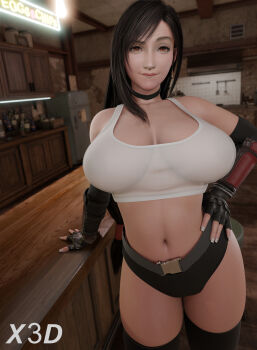 1girl 3d absurdres bar_(place) bare_shoulders black_hair breasts curvy feet_out_of_frame final_fantasy final_fantasy_vii final_fantasy_vii_remake fingerless_gloves gloves highres large_breasts long_hair looking_at_viewer naughty_face navel seductive_gaze seductive_smile smile square_enix standing tifa_lockhart x3d