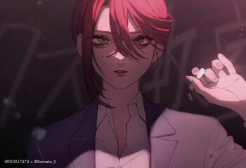 1girl artist_name chalk chalkboard commentary_request heterochromia highres holding holding_chalk kamato_il light_particles nail_polish original parted_lips red_eyes red_hair solo swept_bangs yellow_eyes