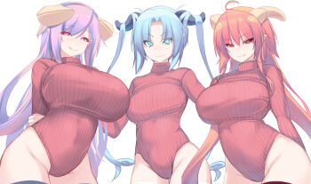3girls ahoge astaroth_(mon-musu_quest!) blue_eyes blue_hair breasts glowing glowing_eyes hair_on_horn hand_on_own_elbow heattech_leotard highleg highleg_leotard highres horns large_breasts leotard licking_lips lilith_(mon-musu_quest:_paradox) long_hair long_sleeves medium_breasts mon-musu_quest! mon-musu_quest:_paradox morrigan_(mon-musu_quest!) multiple_girls orange_hair pink_eyes pointy_ears purple_hair red_eyes red_leotard ribbed_leotard shiki_(psychedelic_g2) sleeved_leotard smile thighhighs tongue tongue_out turtleneck v-shaped_eyebrows very_long_hair white_background