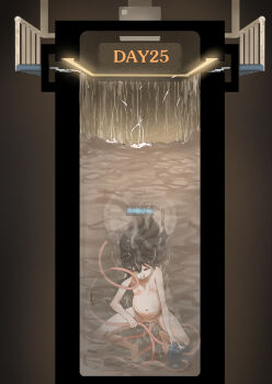 1girl bdsm black_hair blush bondage bound breasts chinese_text cum cum_bath cum_inflation cum_on_body flat_chest highres inflation loli nipples peril predicament_bondage pump restrained rxx small_breasts tagme tube