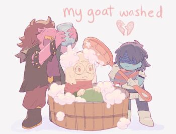 &gt;_&lt; 1boy 1girl 1other animal_ears animal_hands antenna_hair armband armlet armor bath_brush bathing belt belt_pouch black_armband black_boots black_hair black_jacket blue_skin blush blush_stickers body_fur boots bottle breastplate broken_heart brown_hair cinqdon claws closed_eyes closed_mouth clothed_bath colored_skin colored_teeth commentary deltarune english_commentary english_text fangs fangs_out furry furry_female furry_male glasses gloves goat_boy goat_ears green_robe grin hair_flaps hands_up heart holding holding_bottle holding_brush holding_soap in_bathtub invisible_floor jacket jewelry kris_(dark_world)_(deltarune) kris_(deltarune) large_ears long_hair long_sleeves open_clothes open_jacket open_mouth oversized_object pants pants_tucked_in pauldrons pink_eyes pouch pun purple_shirt purple_skin ralsei red_scarf robe round_eyewear scarf shaded_face sharp_teeth shirt short_hair shoulder_armor simple_background sitting sleeveless sleeveless_jacket sleeveless_shirt smile snout soap_bubbles spiked_armlet spiked_wristband standing susie_(dark_world)_(deltarune) susie_(deltarune) teeth torn_clothes torn_jacket upper_teeth_only utdr_(toby_fox) white_background white_belt white_boots white_fur white_gloves wooden_bathtub yellow_teeth