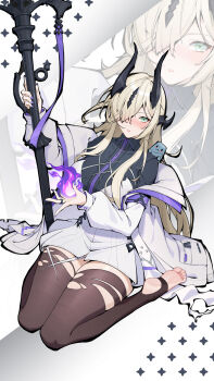 1girl arknights blonde_hair blush brown_thighhighs chinese_commentary commentary_request feet fire full_body gangjin green_eyes hair_over_one_eye highres holding holding_staff long_hair long_sleeves mixed-language_commentary necrass_(arknights) no_shoes off_shoulder one_eye_covered purple_fire pyrokinesis sitting soles solo staff stirrup_legwear thighhighs toeless_legwear toes torn_clothes torn_thighhighs wariza zoom_layer