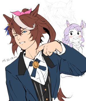 Rule 34 | 2girls, :i, animal ears, black vest, blue jacket, blush, bow, brown hair, clenched teeth, collar tug, earrings, english text, hair between eyes, highres, horse ears, horse girl, jacket, jewelry, long hair, long sleeves, looking at viewer, mejiro mcqueen (umamusume), meme, multicolored hair, multiple girls, one eye closed, own hands together, pink bow, ponytail, purple hair, shirt, streaked hair, striped clothes, striped vest, tapeanna, teeth, tokai teio (umamusume), tongue, tongue out, umamusume, upper body, v-shaped eyebrows, vest, waistcoat, white hair, white shirt, zesty sonic (meme)