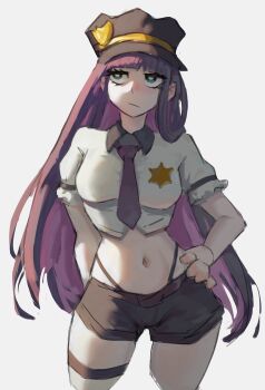 1girl :/ absurdres black_shorts blue_eyes blunt_bangs blush breasts colored_inner_hair commentary crop_top cropped_shirt eyelashes half-closed_eyes hand_on_own_hip hat hexlaze highleg highleg_panties highres long_hair looking_at_viewer looking_to_the_side medium_breasts midriff multicolored_hair multicolored_thighhighs navel necktie panties panty_&amp;_stocking_with_garterbelt pink_hair police police_uniform purple_hair purple_necktie sheriff_badge shirt short_shorts shorts simple_background solo standing stocking_(psg) stomach symbol-only_commentary thighhighs underwear very_long_hair white_background white_shirt
