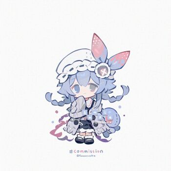 1girl black_dress black_shoes blue_eyes blue_hair braid brown_eyes cardigan chibi chibi_only closed_mouth commission double-parted_bangs dress frilled_dress frills full_body grey_cardigan hat heterochromia highres kanae_(cookie) long_hair long_sleeves looking_at_viewer open_cardigan open_clothes original sample_watermark shoes simple_background sleeves_past_fingers sleeves_past_wrists smile socks solo standing twin_braids twitter_username watermark white_background white_hat white_socks