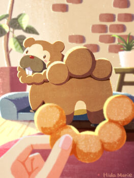 Rule 34 | 1other, animal focus, bidoof, brown fur, buck teeth, commentary request, donut, food, gen 4 pokemon, hidamarieart, highres, holding, holding donut, holding food, indoors, nintendo, plant, pokemon, pokemon (creature), pokemon focus, potted plant, smile, solo focus, teeth