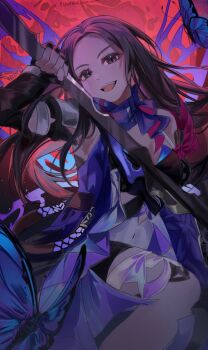 Rule 34 | 1girl, ahoge, animification, arm scarf, armband, asymmetrical legwear, bandana around arm, bare shoulders, black gloves, black hair, black shorts, blue butterfly, blue scarf, brown eyes, bug, butterfly, commentary, cosplay, cowboy shot, detached sleeves, english commentary, fingerless gloves, floating hair, gloves, highres, holding, holding weapon, honkai: star rail, honkai (series), insect, kanako (fuwachu), long hair, long sleeves, looking at viewer, molly zhang, open mouth, purple butterfly, purple scarf, real life, red armband, scarf, scarf choker, seele (honkai: star rail), seele (honkai: star rail) (cosplay), short shorts, shorts, signature, smile, solo, standing, standing on one leg, teeth, uneven legwear, upper teeth only, voice actor, voice actor connection, weapon