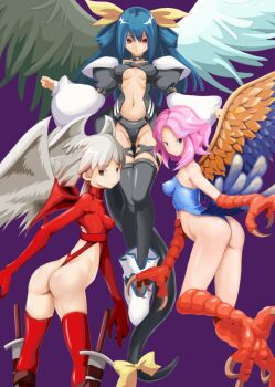 3girls ass asymmetrical_wings bare_shoulders belt black_panties blue_hair claws covered_erect_nipples dizzy_(guilty_gear) final_fantasy final_fantasy_tactics grey_hair guilty_gear guilty_gear_x guilty_gear_xx hair_ribbon harcypete looking_at_viewer looking_back midriff monster_girl multiple_girls navel nibokku panties pink_hair puffy_sleeves red_eyes ribbon seiken_densetsu seiken_densetsu_3 sword tail tail_ornament tail_ribbon thigh_strap thighhighs thighs twintails ultima_(fft) underwear weapon wings yellow_ribbon
