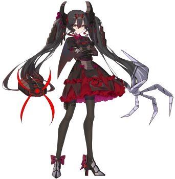 1girl black_dress black_gloves black_hair black_necktie black_pantyhose breasts brotherhood_of_nod character_request command_&amp;_conquer copyright_request ddt_(darktrident) dress frilled_dress frills gloves high_heels highres long_hair looking_at_viewer mecha_musume necktie pantyhose personification red_eyes skindentation small_breasts thigh_strap twintails very_long_hair white_background