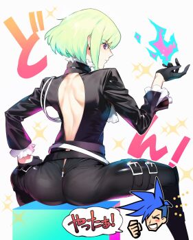 1boy ass backless_outfit bad_id bad_twitter_id biker_clothes black_gloves black_jacket closed_mouth fire frilled_shirt_collar frilled_sleeves frills galo_thymos gloves green_hair half_gloves highres jacket lio_fotia looking_back male_focus promare purple_eyes pyrokinesis wadani_hitonori zipper