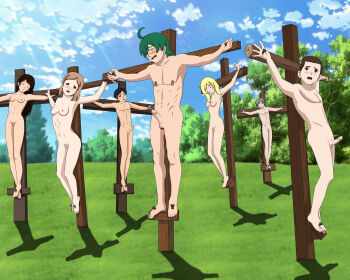 absurdres barefoot bdsm black_hair blonde_hair blue_eyes blue_hair blush bondage bound breasts brown_hair closed_eyes completely_nude crucifixion crying death despair digimon digimon_universe:_appli_monsters dying embarrassed erection execution green_hair highres humiliation loli multiple_boys multiple_girls navel nipple_piercing nipples nude outdoors outstretched_arms penis pierced_penis piercing pink_hair public_indecency public_nudity punishment pussy sadism sex_slave shinkai_haru shota slave small_penis snuff tears torture