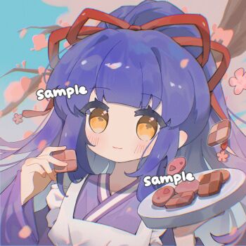 1girl :3 apron bai_xiong_nailaojuan blunt_bangs blush checkerboard_cookie closed_mouth cookie food hair_ribbon highres holding holding_cookie holding_food holding_plate japanese_clothes kimono long_hair long_sleeves looking_at_viewer original petals plate ponytail portrait purple_hair purple_kimono red_ribbon ribbon sample_watermark smile solo watermark white_apron wide_sleeves