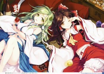Rule 34 | 2girls, absurdres, ascot, bloomers, bow, breasts, brown eyes, brown hair, detached sleeves, hand fan, frills, frog hair ornament, green eyes, green hair, hair ornament, hair ribbon, hair tubes, hakurei reimu, highres, ke-ta, kochiya sanae, large breasts, long hair, long sleeves, looking at viewer, lying, midriff, multiple girls, navel, on back, one eye closed, open mouth, ribbon, ribbon-trimmed sleeves, ribbon-trimmed underwear, ribbon trim, scan, shirt, skirt, smile, snake hair ornament, touhou, translation request, underwear, upskirt, vest, white bloomers, wide sleeves