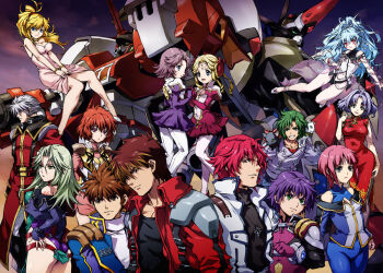 10s 6+boys 6+girls alfimi alteisen arado_balanga ass axel_almer banpresto bare_shoulders blonde_hair blue_eyes bracelet brown_eyes brown_hair cat china_dress chinese_clothes dress drill_hair excellen_browning green_eyes grey_hair grin hands_on_own_hips holding_hands ibis_douglas jewelry kuro_(srw) kyousuke_nanbu lamia_loveless latune_subbota light_purple_hair long_hair mai_kobayashi masaki_andoh mecha midriff mitsuko_isurugi multicolored_hair multiple_boys multiple_girls nakamura_kanko navel pantyhose pendant pink_hair ponytail purple_eyes purple_hair red_eyes revision robot ryuusei_date sanger_zonvolt shine_hausen shiro_(srw) shoes short_hair smile super_robot_wars super_robot_wars_og_the_inspector super_robot_wars_original_generation super_robot_wars_original_generation_2 tattoo thrudgelmir two-tone_hair uniform v_arms