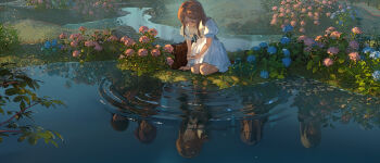 5girls bag bang_dream! bang_dream!_it&#039;s_mygo!!!!! bare_arms bare_legs blue_flower brown_hair closed_eyes commentary crychic_(bang_dream!) day different_reflection dress flower grass highres hydrangea long_hair multiple_girls multiple_others nagasaki_soyo outdoors parted_bangs petals petals_on_liquid pink_flower plant pleated_dress puffy_short_sleeves puffy_sleeves reflected_worlds reflection reflective_liquid ripples sailor_dress school_bag school_uniform seiza shiina_taki short_sleeves sidelocks sitting stream sunlight takamatsu_tomori togawa_sakiko toto_(caaaaarrot) tsukinomori_school_uniform wakaba_mutsumi water watermark white_dress