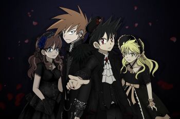 2boys 2girls ahoge alternate_costume alternate_hairstyle arms_at_sides black_coat black_dress black_gloves black_hair blonde_hair blue_eyes blue_oak breasts brown_hair buttons coat collarbone corset curled_fingers dark_background dress ear_piercing falling_petals feather_trim fingernails flat_chest flower gloves goth_fashion green_(pokemon) green_eyes hair_between_eyes hair_down hair_flower hair_ornament hat highres long_dress long_hair long_sleeves looking_at_viewer male_focus medium_breasts multiple_boys multiple_girls nail_polish neckerchief nintendo orange_hair petals piercing pointing pointing_at_viewer pokemon pokemon_adventures purrrloin red_(pokemon) red_eyes red_nails serious short_hair short_sleeves sidelocks spiked_hair standing wavy_hair wrist_cuffs yellow_(pokemon) yellow_eyes