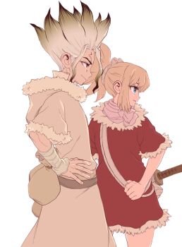 1boy 1girl 2boys blonde_hair blue_eyes closed_mouth coat dr._stone dress facial_mark fur_trim gradient_hair hetero high_ponytail highres ishigami_senkuu kohaku_(dr._stone) long_hair multicolored_hair multiple_boys ninomae_gin ponytail red_dress red_eyes santa_costume santa_dress scarf simple_background smile spiked_hair sword two-tone_hair weapon weapon_on_back white_background winter_clothes winter_coat