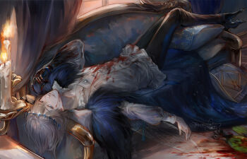 1boy black_pants blood blood_on_clothes blood_on_face blue_cape candle cape commentary corpse couch curtains dragonfly_wings english_commentary fate/grand_order fate_(series) grey_hair highres long_sleeves lying male_focus oberon_(fate) oberon_(third_ascension)_(fate) on_back pants parted_lips renrenka_noi shirt short_hair signature solo_focus white_shirt window