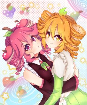 Rule 34 | 2girls, absurdres, apple, blonde hair, drill hair, dual persona, eyelashes, food, food-themed hair, food-themed hair ornament, frills, fruit, grapes, hair ornament, highres, hug, kasane teto, lambt0ast, leaf hair ornament, long sleeves, looking at viewer, multiple girls, orange hair, pear, pink hair, twin drills, utau, yellow eyes