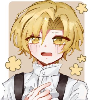 Rule 34 | 1boy, ascot, bishounen, blonde hair, blush, commentary request, flower, hand up, limbus company, looking at viewer, male focus, official alternate costume, open mouth, project moon, shirt, short hair, sinclair (project moon), solo, surprised, suspenders, toutoi n06e11, upper body, white ascot, white shirt, yellow eyes