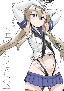 1girl black_panties blonde_hair brown_eyes elbow_gloves gloves groin kantai_collection long_hair miniskirt navel panties pussy rabbit_ears shimakaze_(kancolle) skirt stomach thighhighs underwear uniform