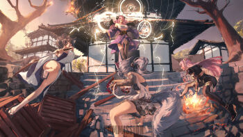 4girls animal_ears asymmetrical_legwear bandaged_arm bandages bare_shoulders black_bodysuit black_horns black_kimono black_pantyhose black_thighhighs black_wings bodysuit breasts brown_hair cleavage commentary commission full_body gandy_(gan3e46) grey_hair highres holding holding_sheath holding_sword holding_weapon horns japanese_clothes kimono large_breasts legs long_hair looking_at_another mismatched_legwear multicolored_kimono multiple_girls open_mouth original outdoors pantyhose parted_lips pink_hair platform_sandals ponytail purple_kimono sandals sarashi sheath short_hair single_leg_pantyhose single_thighhigh socks stairs standing sword tail thighhighs thighs two-tone_kimono unsheathing weapon white_kimono white_socks wings