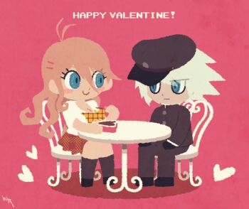 Rule 34 | 1boy, 1girl, animated, animated gif, candy, chair, chocolate, chocolate heart, commentary request, danganronpa (series), danganronpa v3: killing harmony, eating, feeding, food, hakusoto, happy valentine, heart, heart-shaped food, hetero, iruma miu, k1-b0, official alternate costume, on chair, pink background, sitting, table, valentine